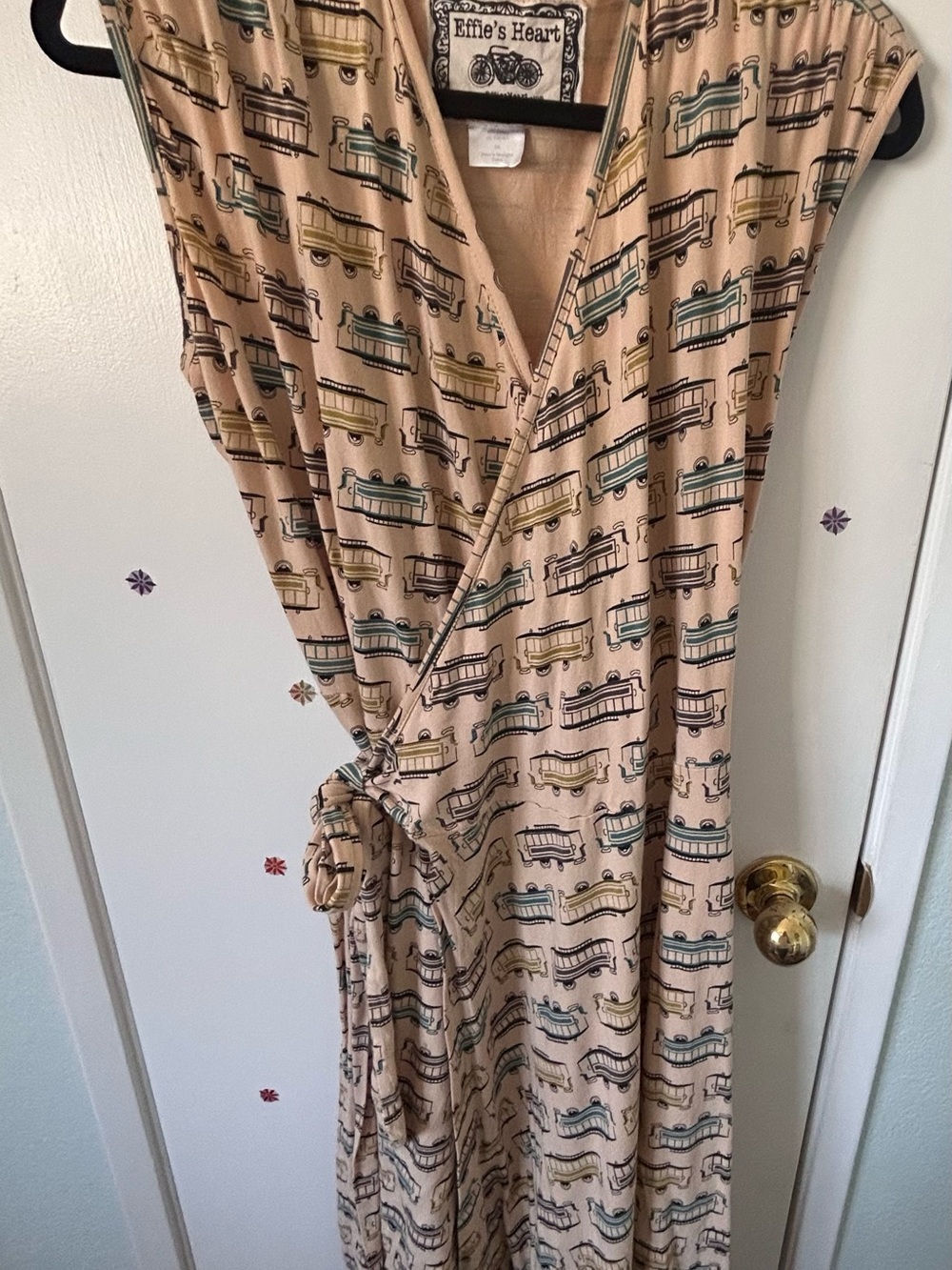 Effie's Heart Beige Wrap Midi Dress with Vintage Bus Motif